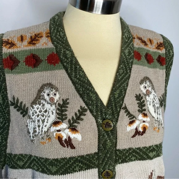 Northern Reflections Vintage Fall Acorn Owl Squirrel Button Front Sweater Vest - Picture 2 of 11